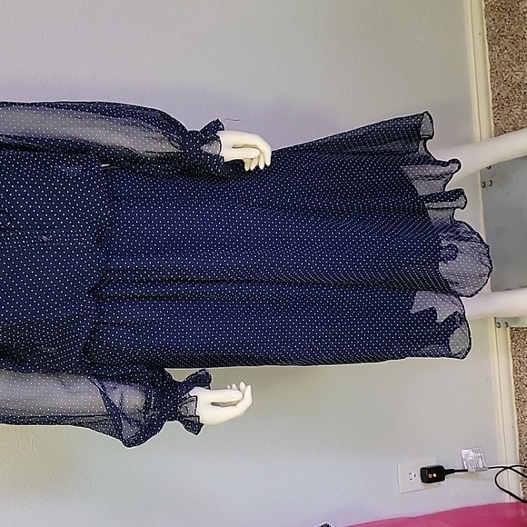 VTG AJ BARI Navy Pin Dot Chiffon Blouson Ruffle Bow Tie Castlecore Shirt Dress - Picture 7 of 10